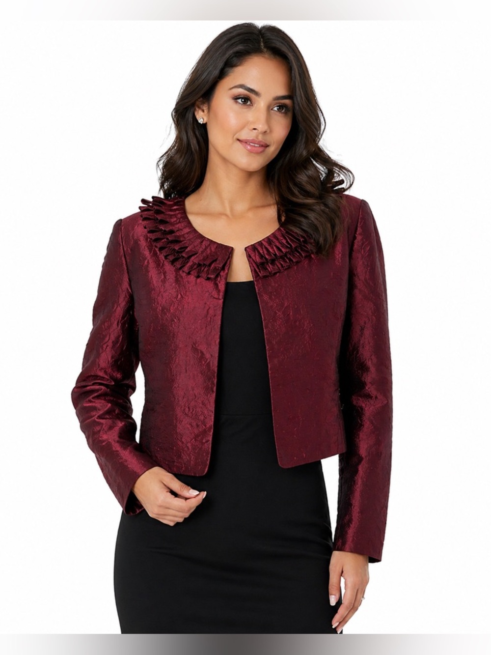 Ivy Chic Burgundy Cropped Jacket Ruffle Collar Dressy Evening Bolero Women Large
